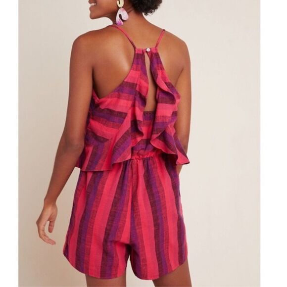 Striped Anthropologie Amadi Linen Ruffle Trim Racerback Romper Shorts (NWT) - Picture 3 of 4